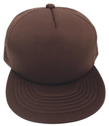 Flat bill poly-mesh trucker cap.