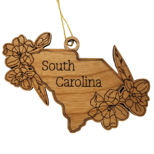 Wholesale South Carolina Wood Ornament -  SC State Shape with State Flowers Yellow Jessamine - Handmade Wood Souvenir