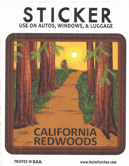 CALIFORNIA REDWOODS souvenir sticker. Fade resistant. Measures 3" x 3". Total package is 3.375" wide x 4 5/16" tall. Hangs on a store display. Printed in the USA.