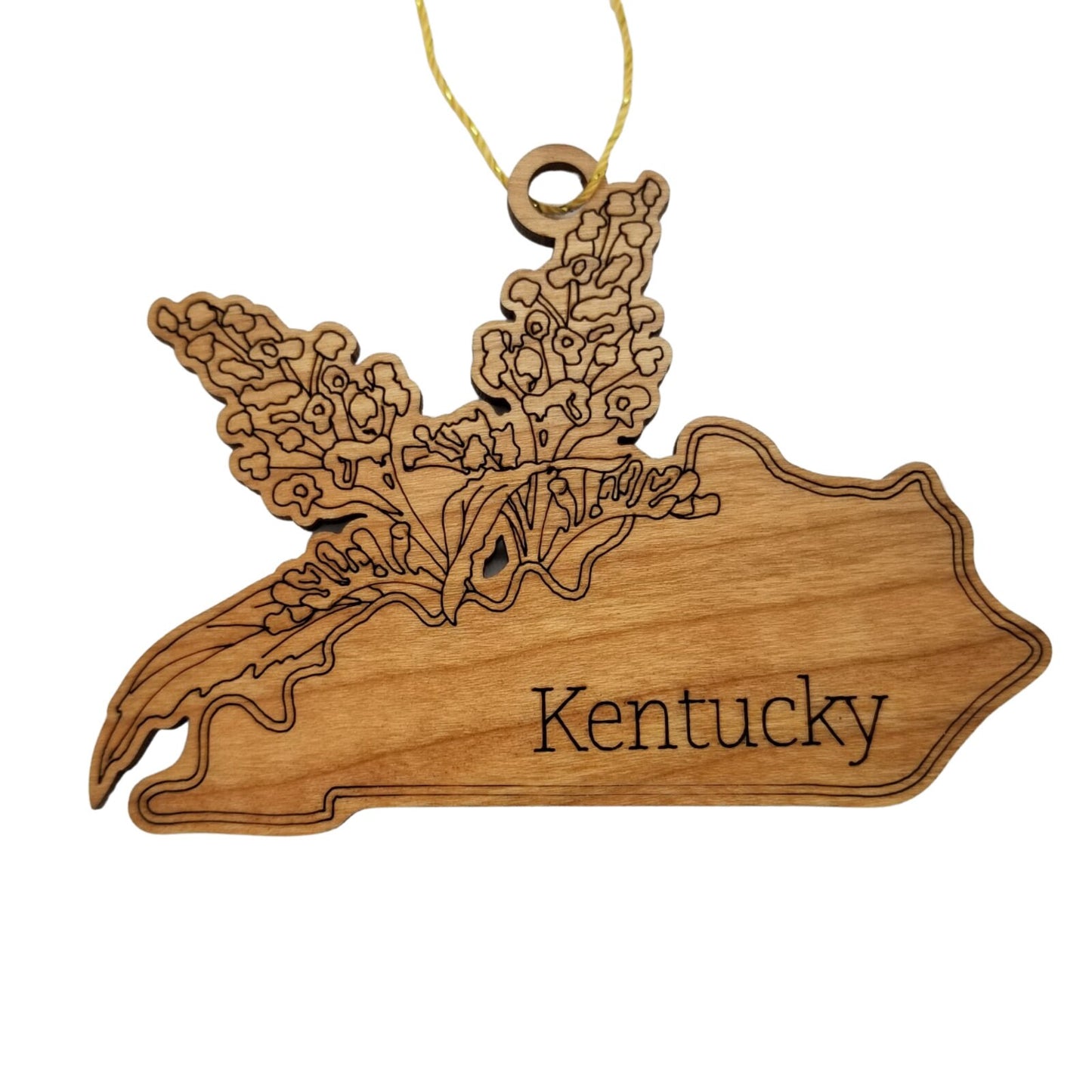 Wholesale Kentucky Wood Ornament -  KY State Shape with State Flowers Goldenrod - Handmade Wood Souvenir