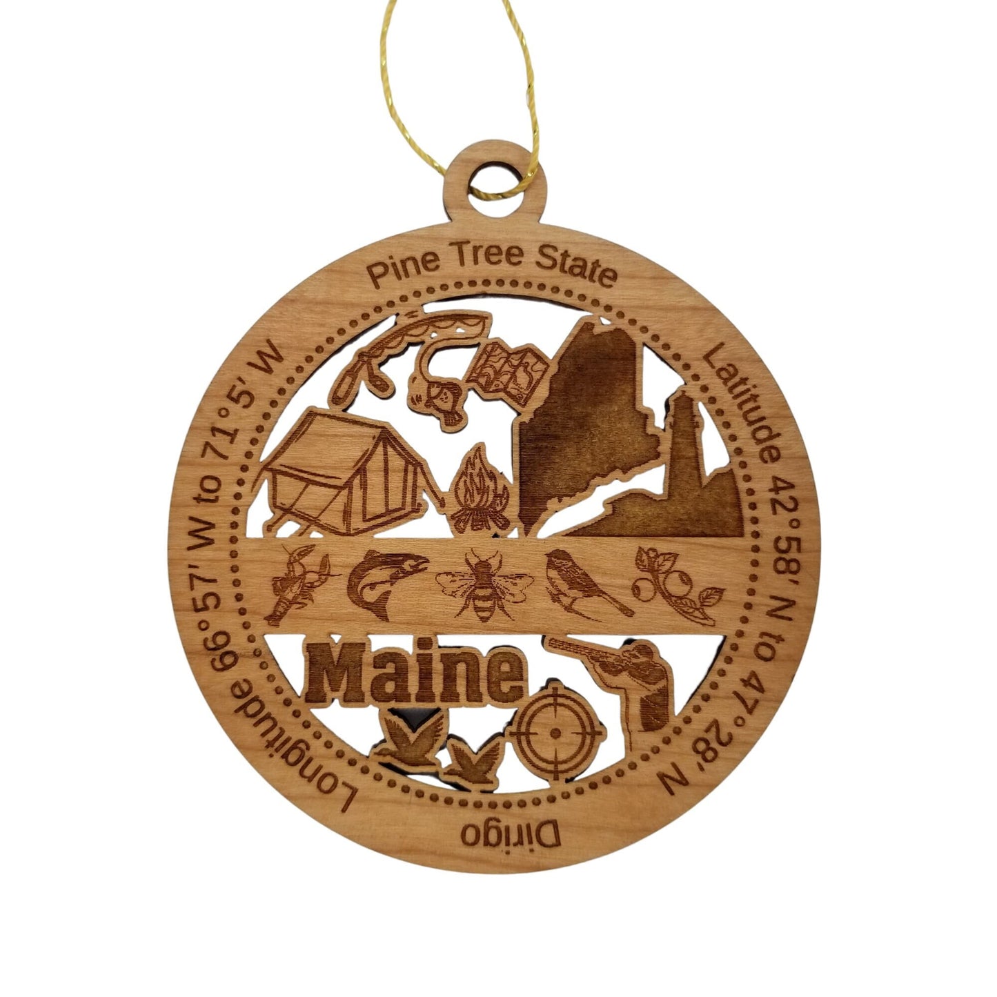 Maine Wood Ornament - ME Souvenir - Handmade Wood Ornament Made in USA State Shape Tent Campfire Fishing Pole Hunter Lobster Map