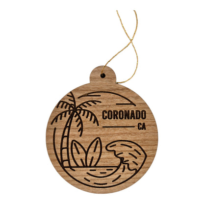 Coronado California Ornament Handmade Wood Ornament Souvenir CA Ocean Beach Waves Palm Trees Surfboards Travel Gift Made in USA