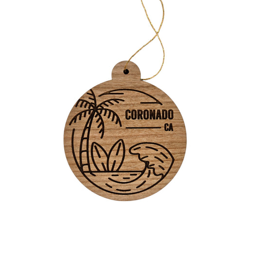 Coronado California Ornament Handmade Wood Ornament Souvenir CA Ocean Beach Waves Palm Trees Surfboards Travel Gift Made in USA