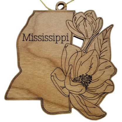 Wholesale Mississippi Wood Ornament -  State Shape with State Flowers Magnolias MS - Handmade Wood Souvenir