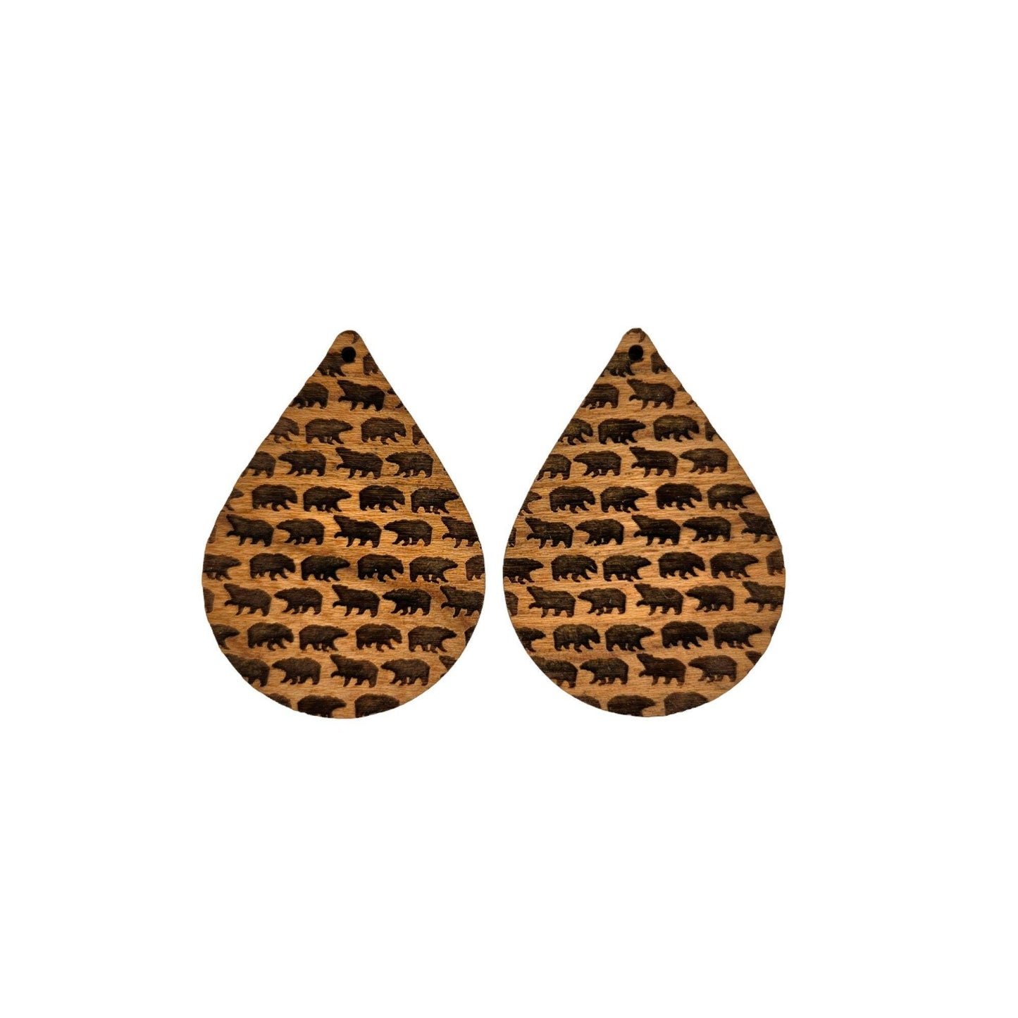 Wholesale Wood Earrings - Bear Pattern Engraved Teardrop Wood Earrings - Dangle Earrings Full Walking Bear