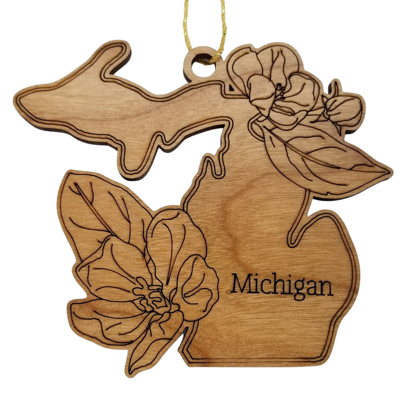 Wholesale Michigan Wood Ornament -  MI State Shape with State Flowers Apple Blossoms - Handmade Wood Souvenir