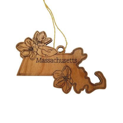 Wholesale Massachusetts Wood Ornament -  MA State Shape with State Flowers The Mayflower - Handmade Wood Souvenir