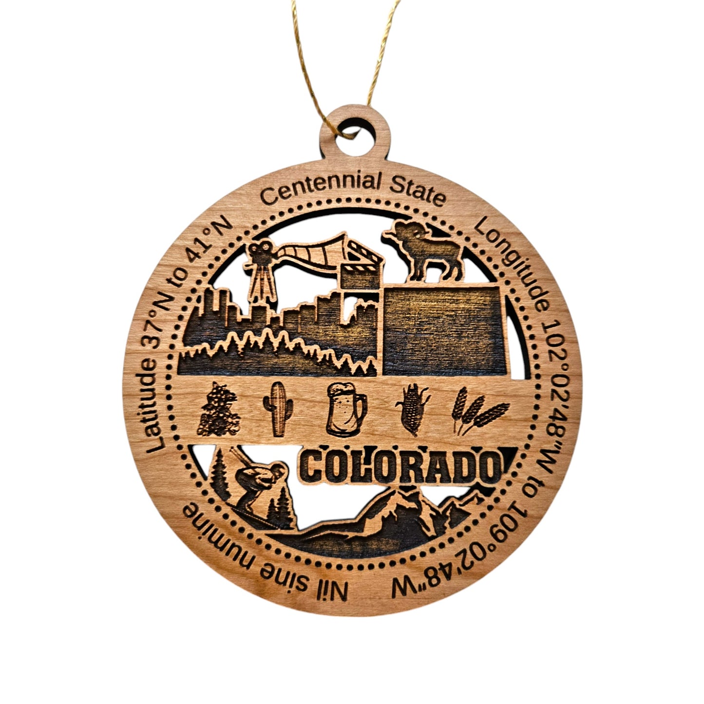 Colorado Wood Ornament - CO Souvenir - Handmade Wood Ornament Made in USA State Shape Movie Clapper City Skyline Trees Downhill Skier