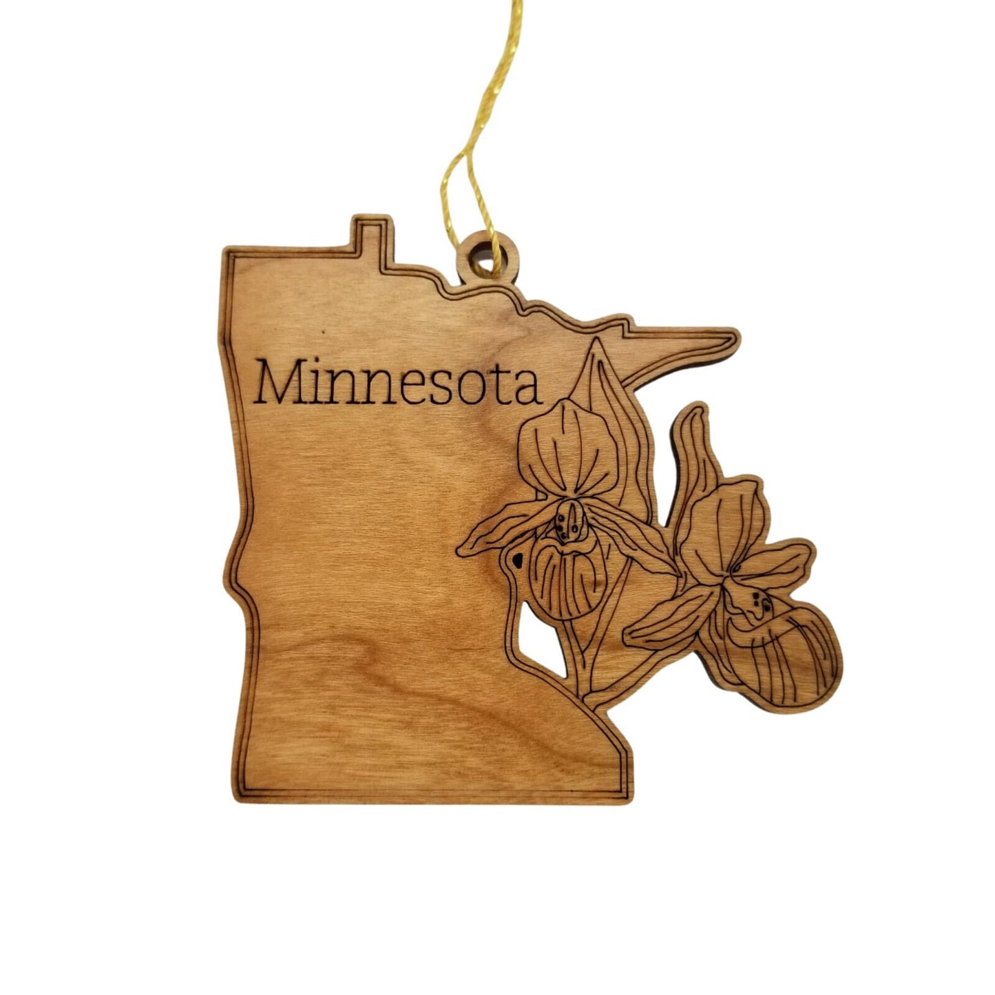 Wholesale Minnesota Wood Ornament -  State Shape with State Flowers Showy Ladys Slippers MN - Handmade Wood Souvenir