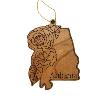 Wholesale Alabama Wood Ornament -  AL State Shape with State Flowers Camellias - Handmade Wood Souvenir