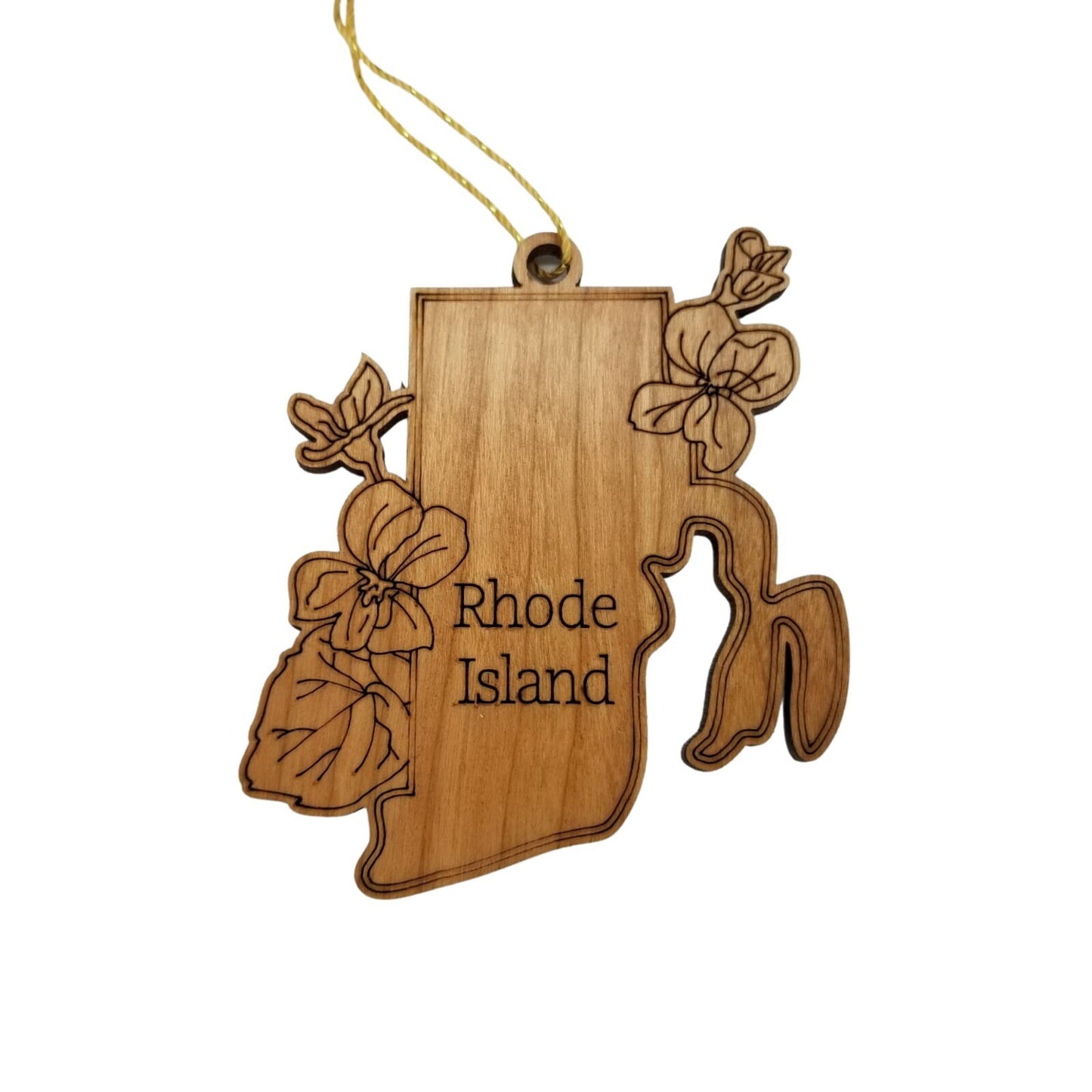 Wholesale Rhode Island Wood Ornament -  RI State Shape with State Flowers Common Blue Violets - Handmade Wood Souvenir