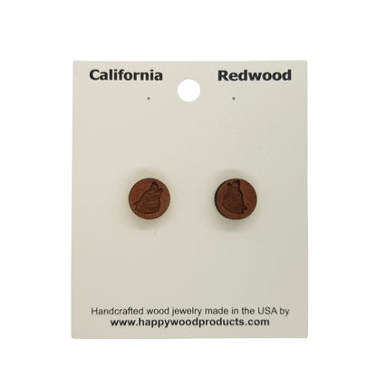 Wolf Earrings - Wood Earrings - California Redwood Stud Earrings - CA Souvenir Keepsake - Post Earrings - Wolf Head Howling