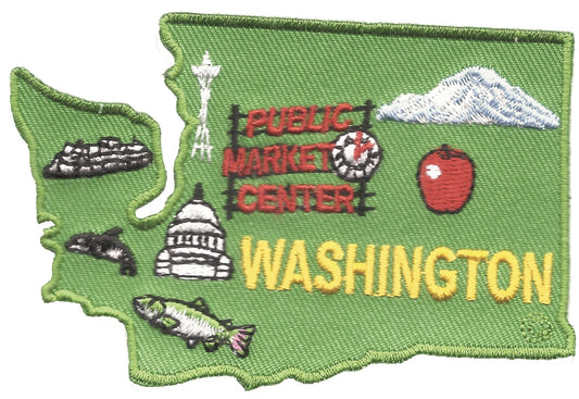 WASHINGTON state shape map embroidered souvenir patch with: Mt Rainier, Pike Place Market, Space Needle, ferry, salmon, apple, & Capital dome. WA