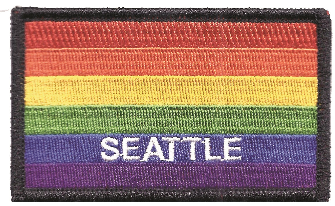 SEATTLE rainbow flag, black border embroidered patch, gay