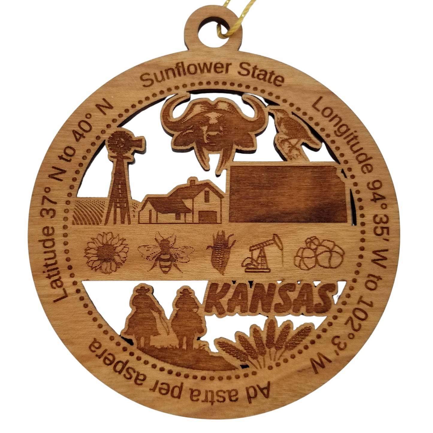 Kansas Wood Ornament -  KS Souvenir - Handmade Wood Ornament Made in USA State Shape Windmill Barn Cowboys Bees Oil Drill Sunflower