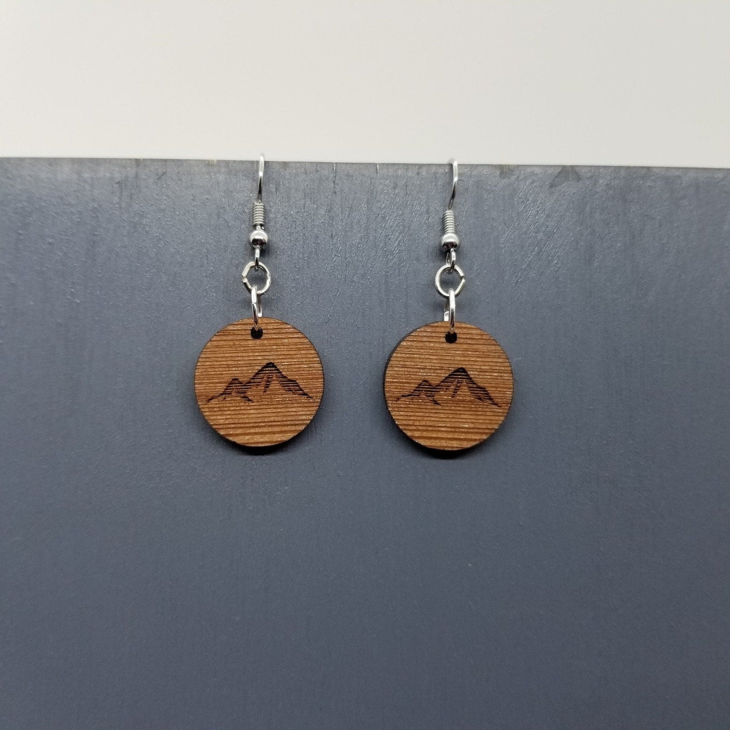 Wholesale Redwood Earrings - Mountain Engraved Wood Earrings - California Redwood Dangle Earrings - CA Souvenir Keepsake