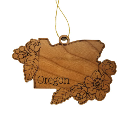 Wholesale Oregon Wood Ornament -  OR State Shape with State Flowers Cutout - Handmade Wood Souvenir