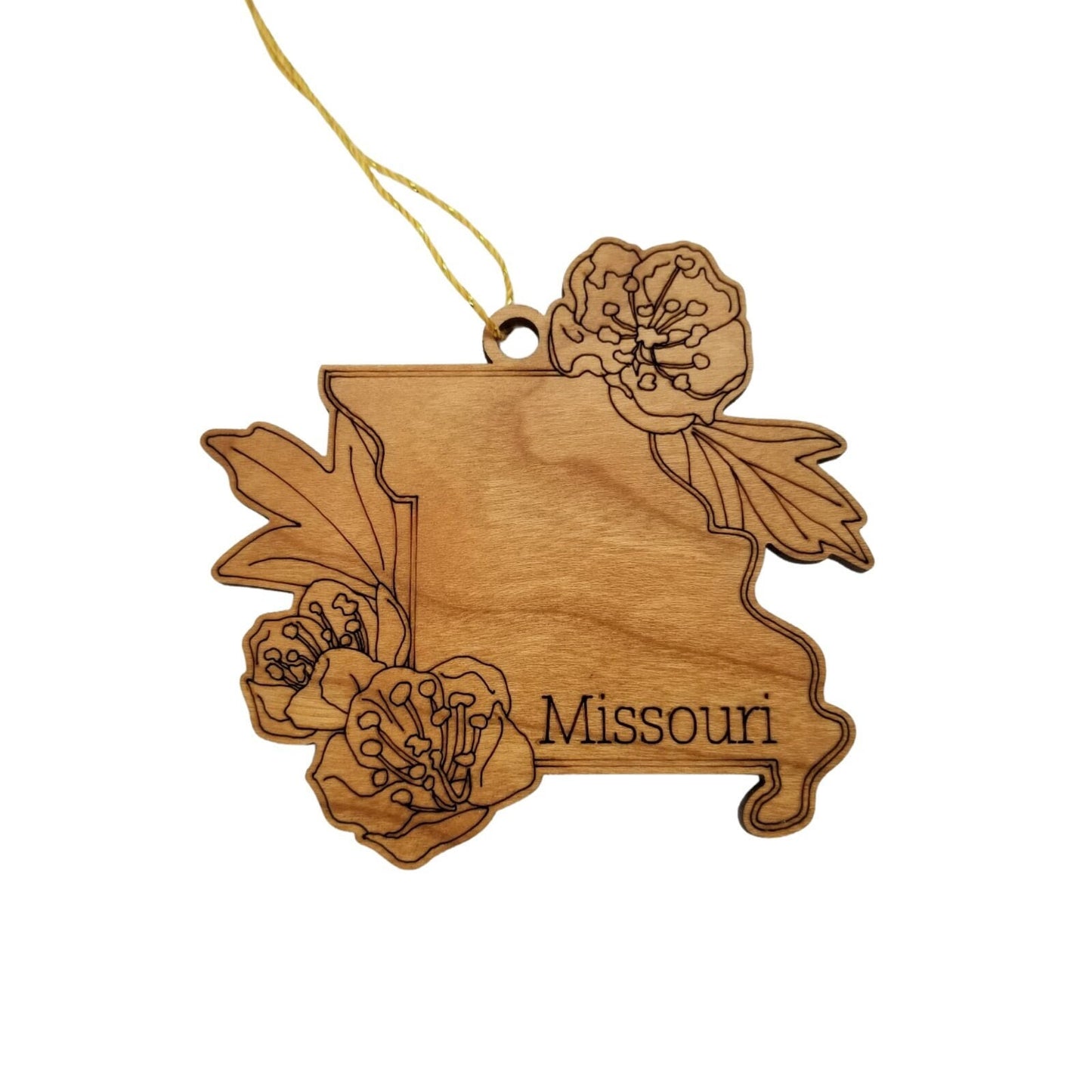 Wholesale Missouri Wood Ornament -  MO State Shape with State Flowers Hawthorn Blossom - Handmade Wood Souvenir