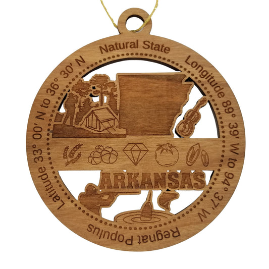 Arkansas Wood Ornament - AR Souvenir - Handmade Wood Ornament Made in USA State Shape Tent Trees Fiddle Hunter Fish Tomato Diamond