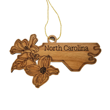 Wholesale North Carolina Wood Ornament -  State Shape with State Flowers Flowering Dogwoods NC - Handmade Wood Souvenir