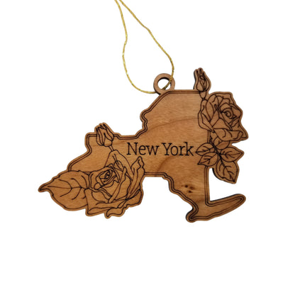 Wholesale New York Wood Ornament -  NY State Shape with State Flowers Roses - Handmade Wood Souvenir