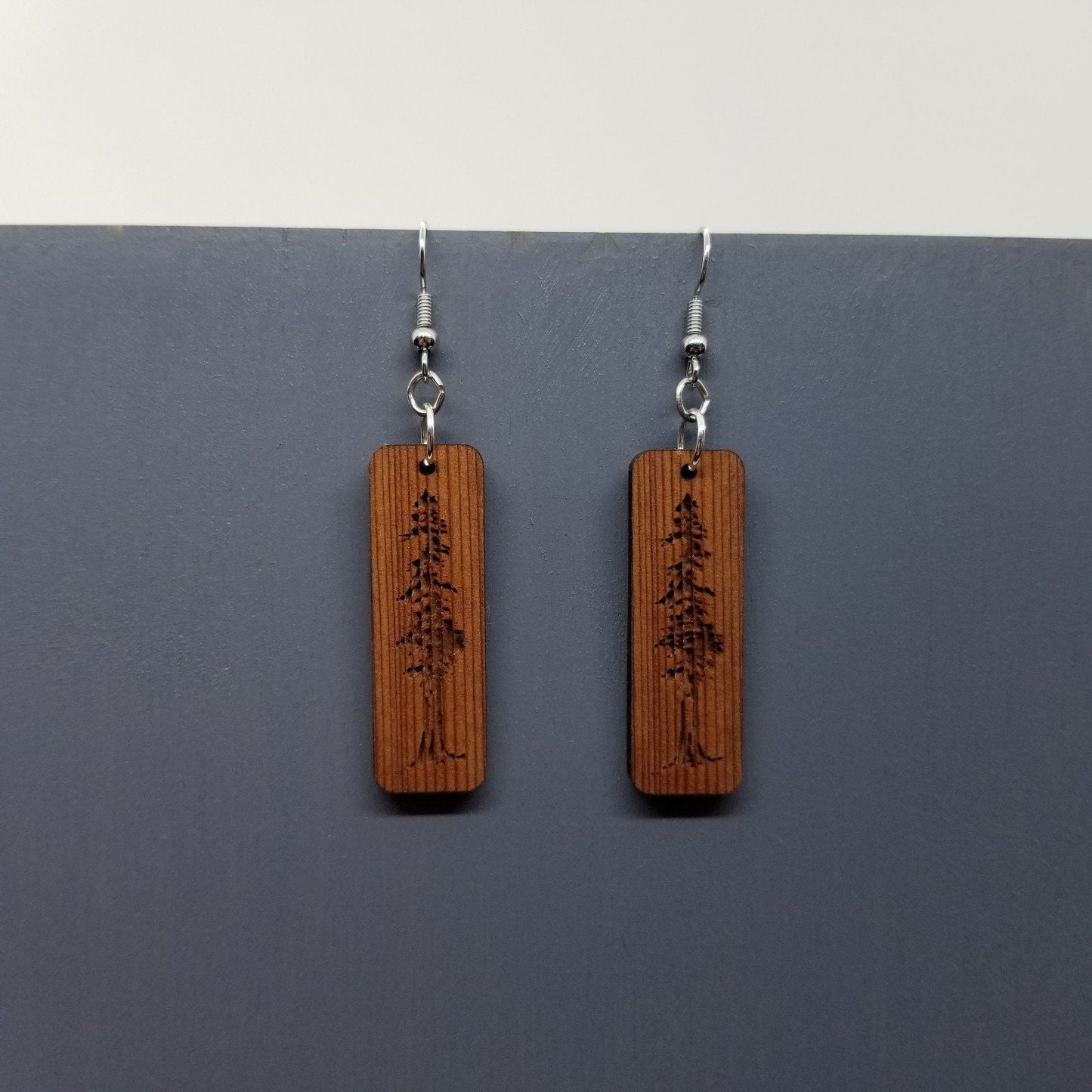 Wholesale Redwood Earrings - Engraved Tree Rectangle Wood Earrings - California Redwood Dangle Earrings - CA Souvenir Keepsake