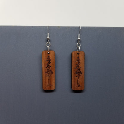 Wholesale Redwood Earrings - Engraved Tree Rectangle Wood Earrings - California Redwood Dangle Earrings - CA Souvenir Keepsake