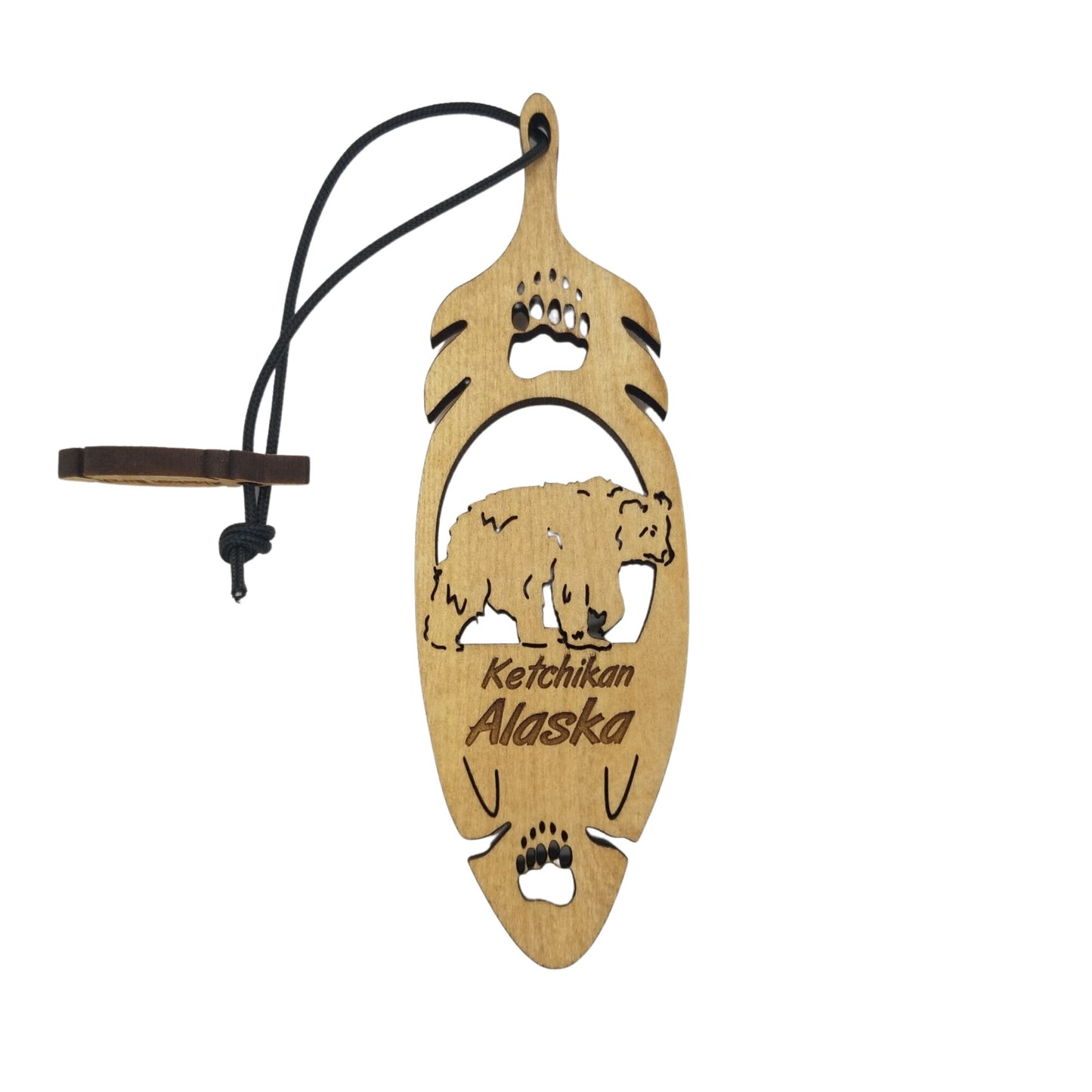 Ketchikan Alaska Bear Christmas Ornament Wood Laser Cut Handmade in USA Souvenir Memento Feather 5.375" Travel Gift AK Leaf