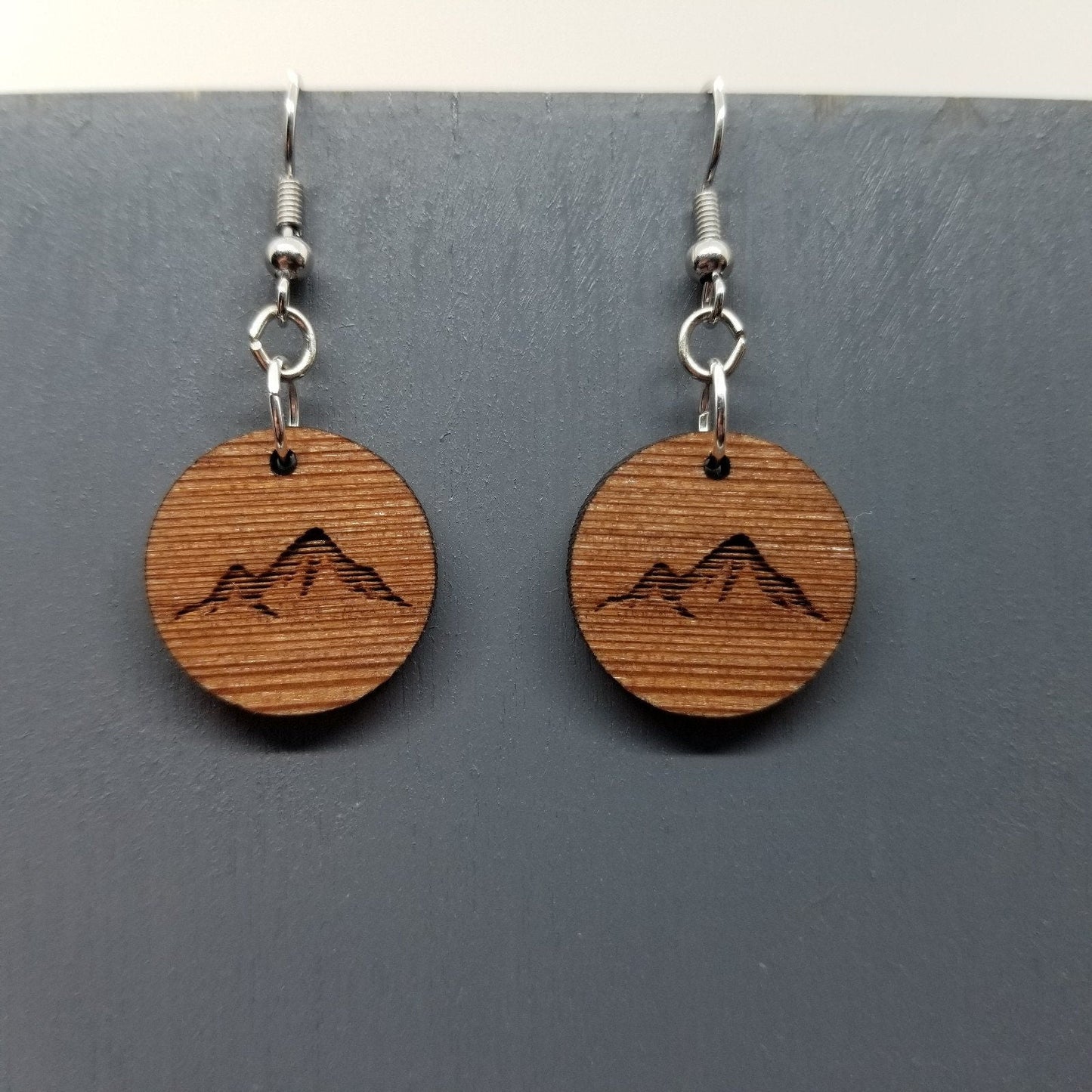 Wholesale Redwood Earrings - Mountain Engraved Wood Earrings - California Redwood Dangle Earrings - CA Souvenir Keepsake