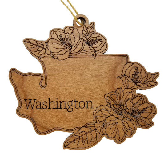 Wholesale Washington Wood Ornament -  WA State Shape with State Flowers Rhododendron - Handmade Wood Souvenir