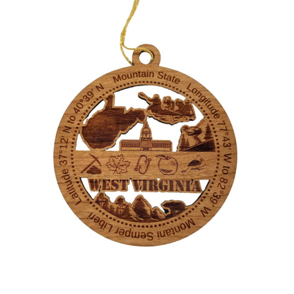 West Virginia Wood Ornament -  WV Souvenir  - Handmade Wood Ornament Made in USA State Shape Skiing Capitol Building Rowing Boating