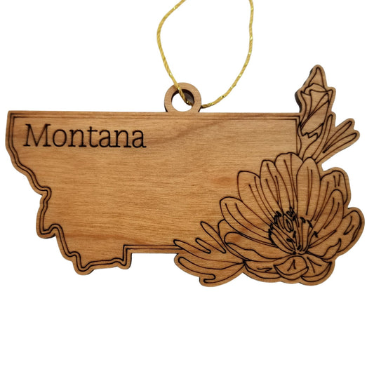 Wholesale Montana Wood Ornament -  State Shape with State Flowers Bitterroot MT - Handmade Wood Souvenir