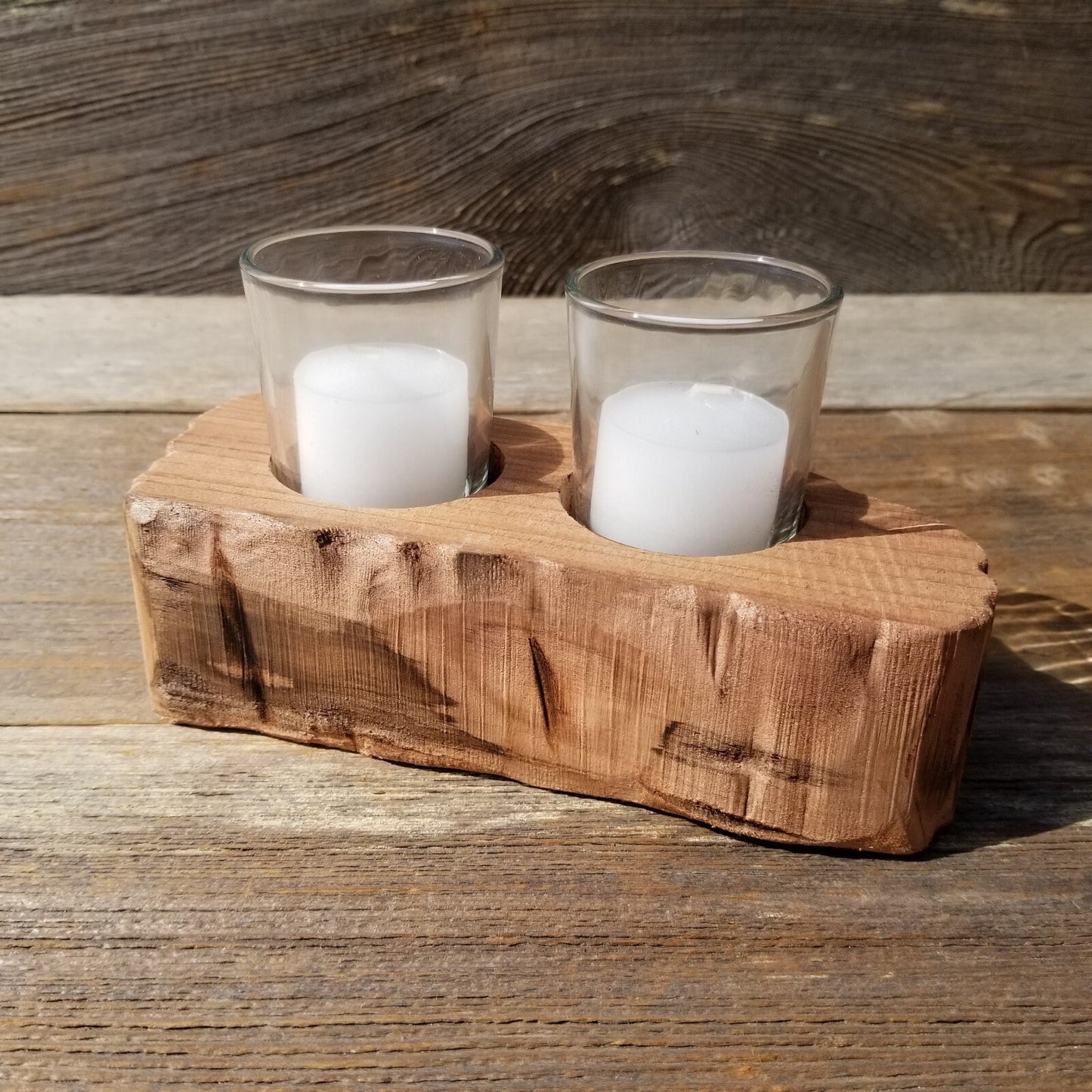 Candle Holder 2 Candles Wood Rustic Home Decor Handmade Wood Gift #530 Unique One of a Kind Gift Raw Unfinished Natural Redwood