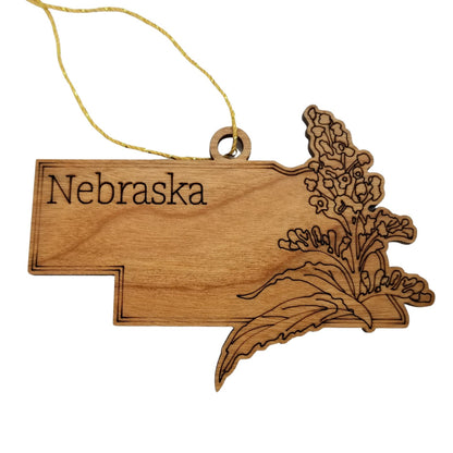 Wholesale Nebraska Wood Ornament -  NE State Shape with State Flowers Solidago - Handmade Wood Souvenir