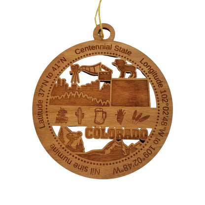 Colorado Wood Ornament - CO Souvenir - Handmade Wood Ornament Made in USA State Shape Movie Clapper City Skyline Trees Downhill Skier