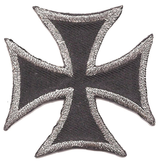 maltese cross embroidered patch: 2", silver-grey on black