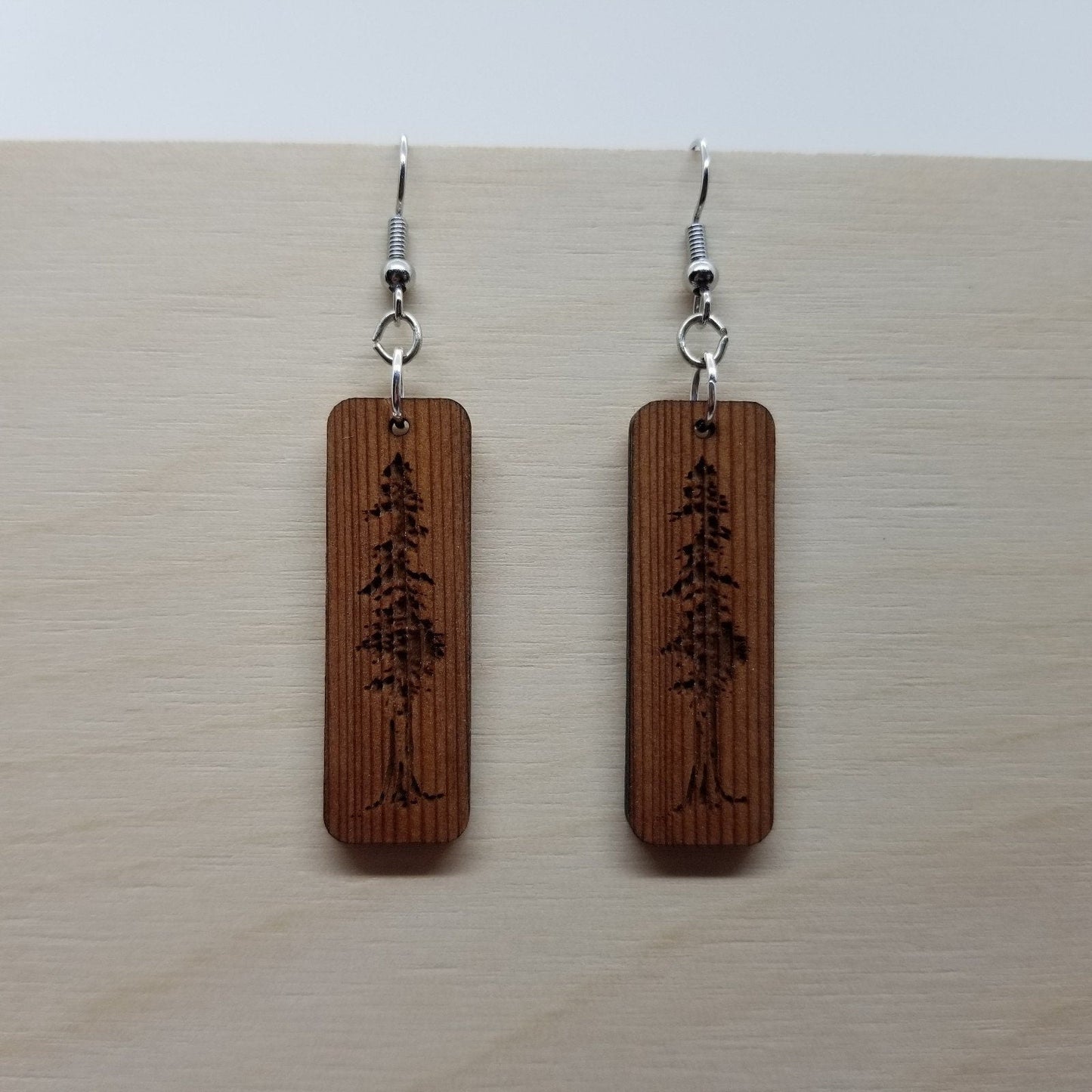 Wholesale Redwood Earrings - Engraved Tree Rectangle Wood Earrings - California Redwood Dangle Earrings - CA Souvenir Keepsake