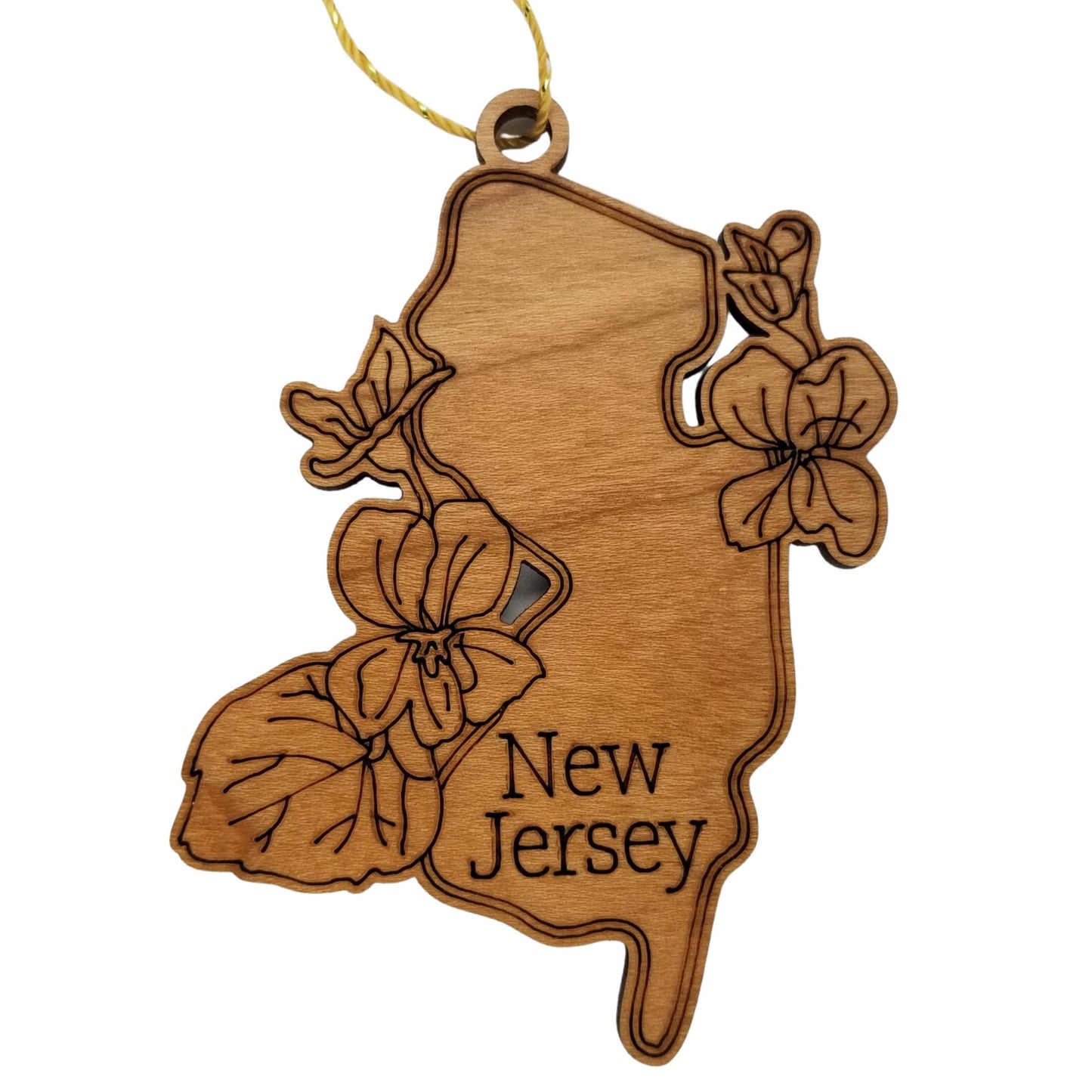 Wholesale New Jersey Wood Ornament -  NJ State Shape with State Flowers Violets - Handmade Wood Souvenir