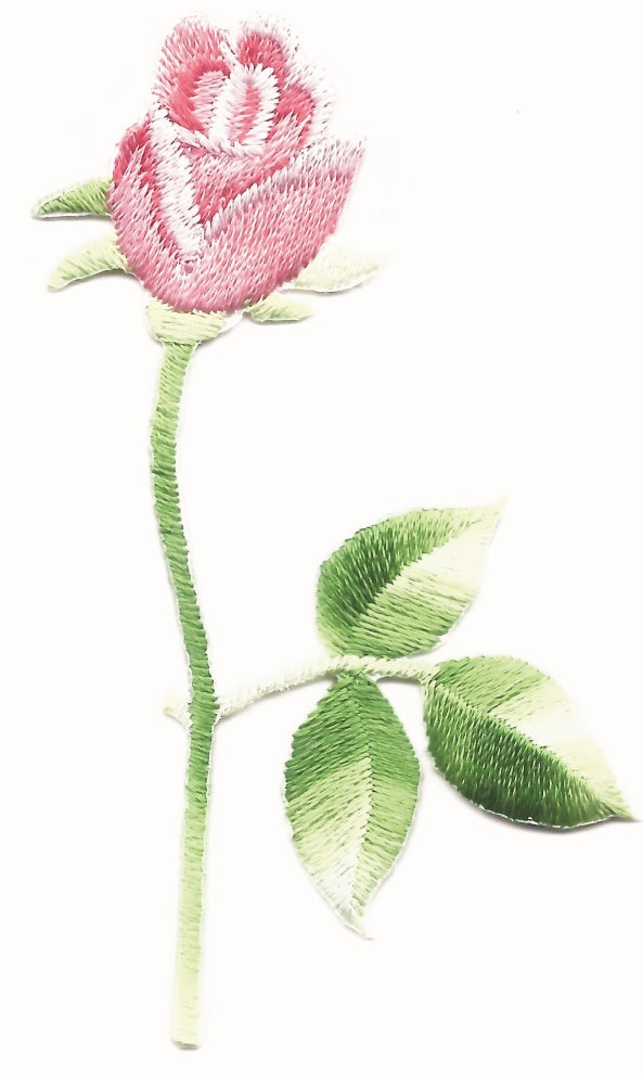 pink rose on stem embroidered iron-on patch