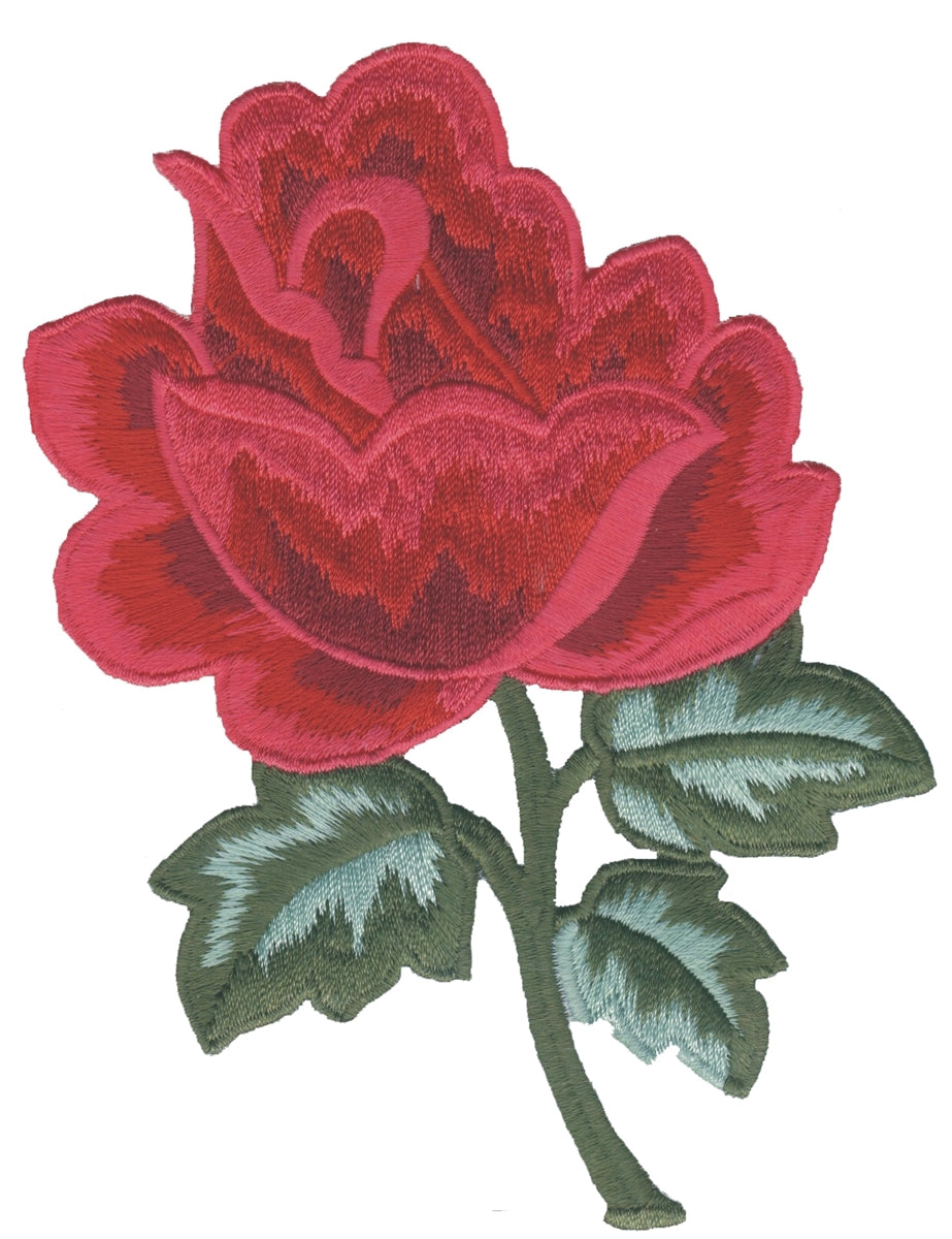 rose & leaves embroidered patch: 5 1 /16" tall x 3.375" wide - 8314