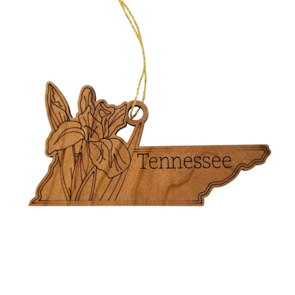 Wholesale Tennessee Wood Ornament -  TN State Shape with State Flowers Irises - Handmade Wood Souvenir