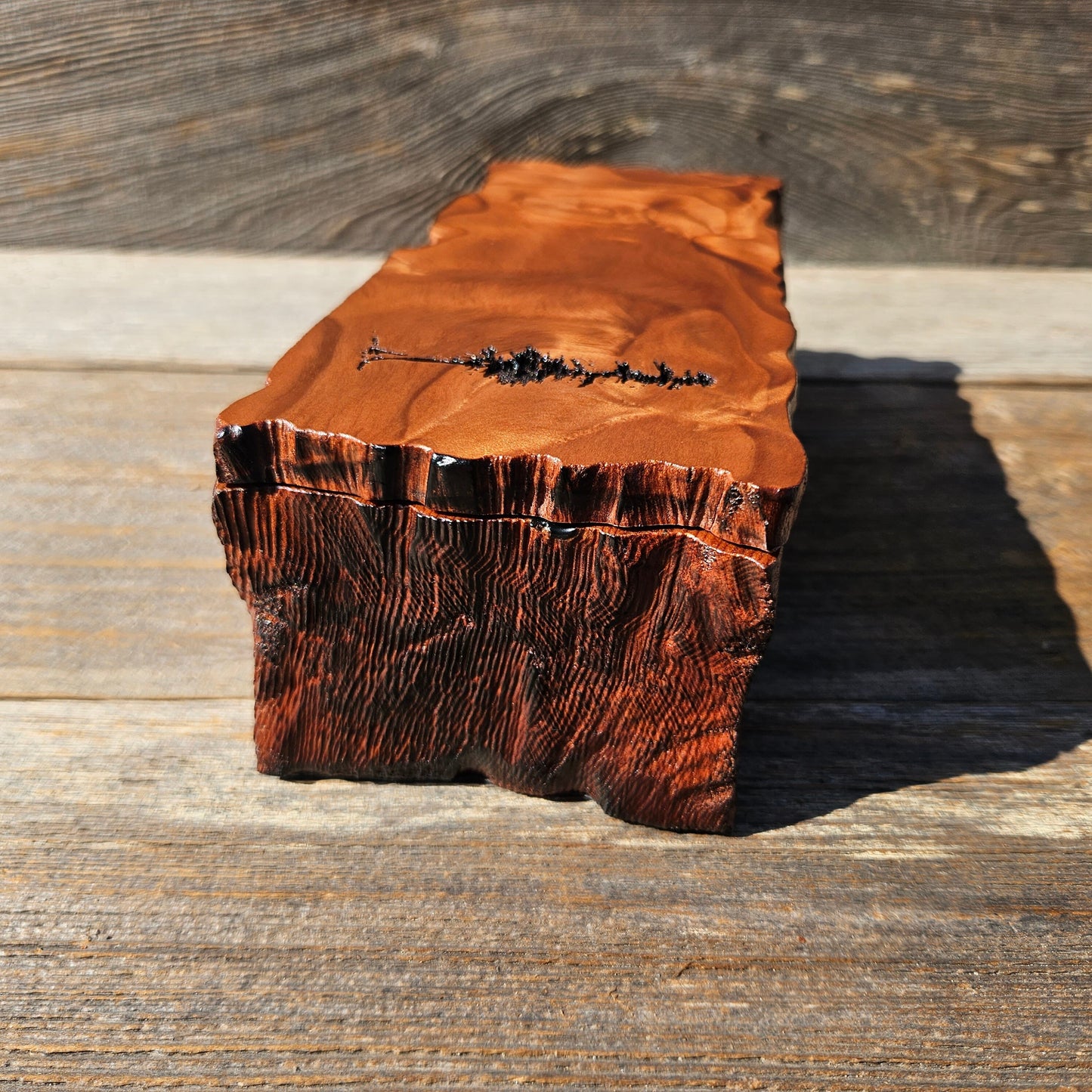 Handmade Wood Box with Redwood Tree Engraved Rustic Handmade Curly Wood #604 California Redwood Jewelry Box Storage Box