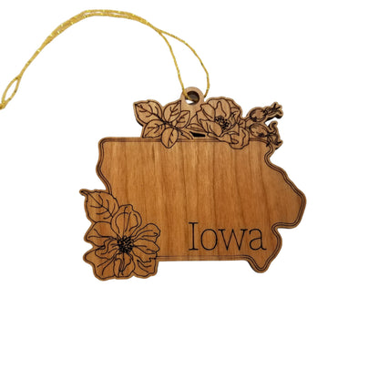 Wholesale Iowa Wood Ornament -  IA State Shape with State Flowers Prairie Rose - Handmade Wood Souvenir