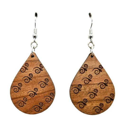 Wood Earrings - Abstract Swirl Pattern Engraved Teardrop Wood Earrings - Dangle Earrings - Anniversary Gift