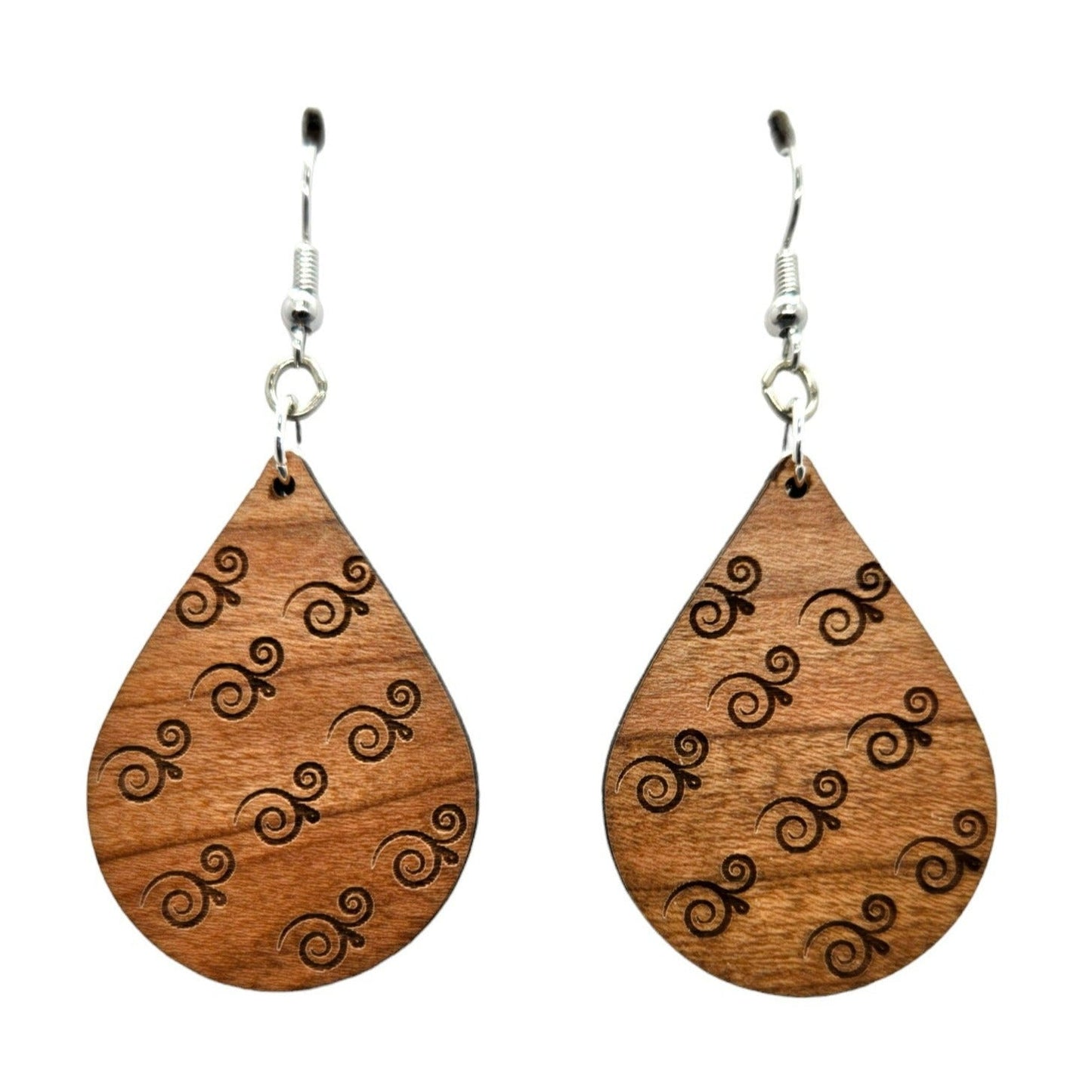 Wholesale Wood Earrings - Abstract Swirl Pattern Engraved Teardrop Wood Earrings - Dangle Earrings