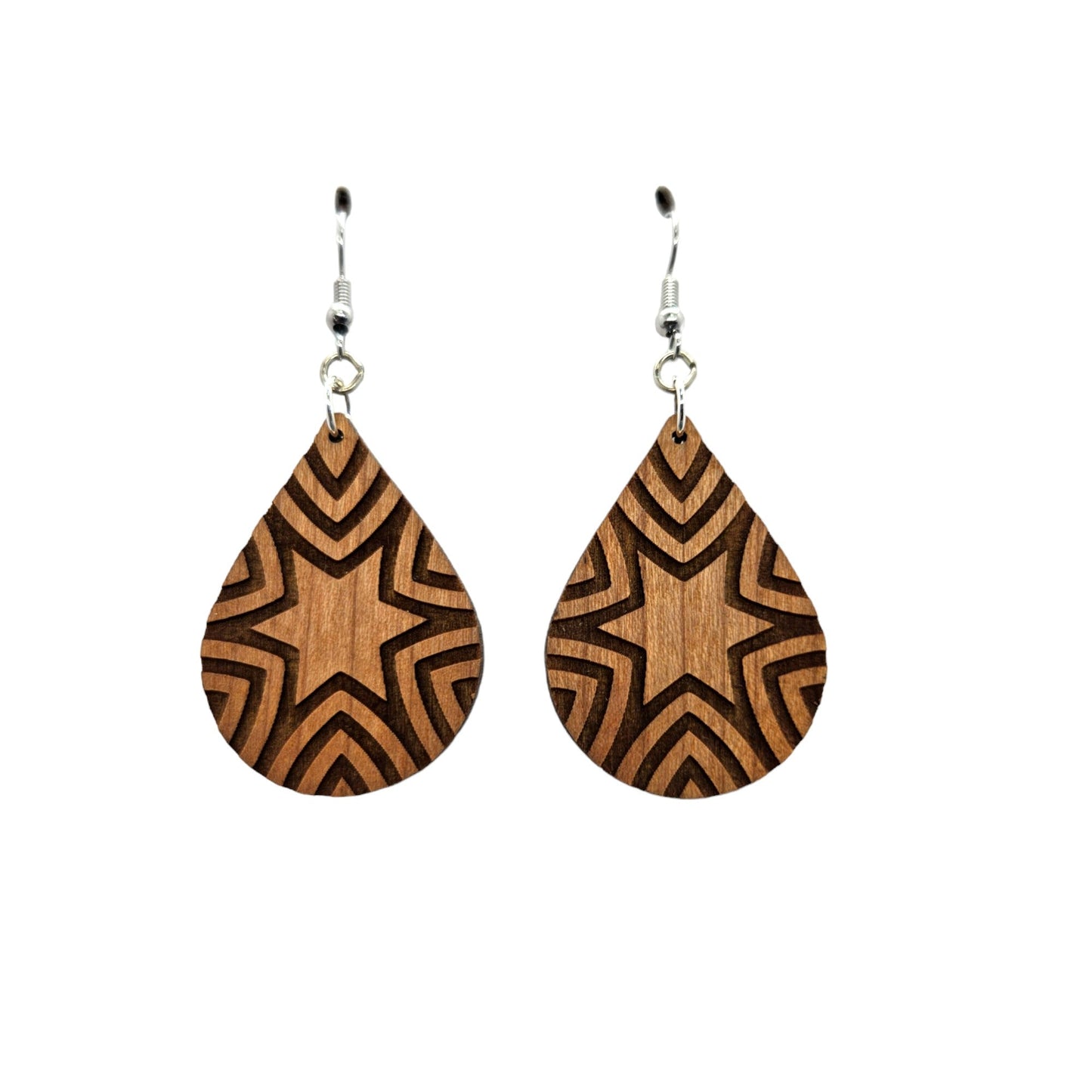 Wholesale Wood Earrings - Abstract Star Rays Pattern Engraved Teardrop Wood Earrings - Dangle Earrings