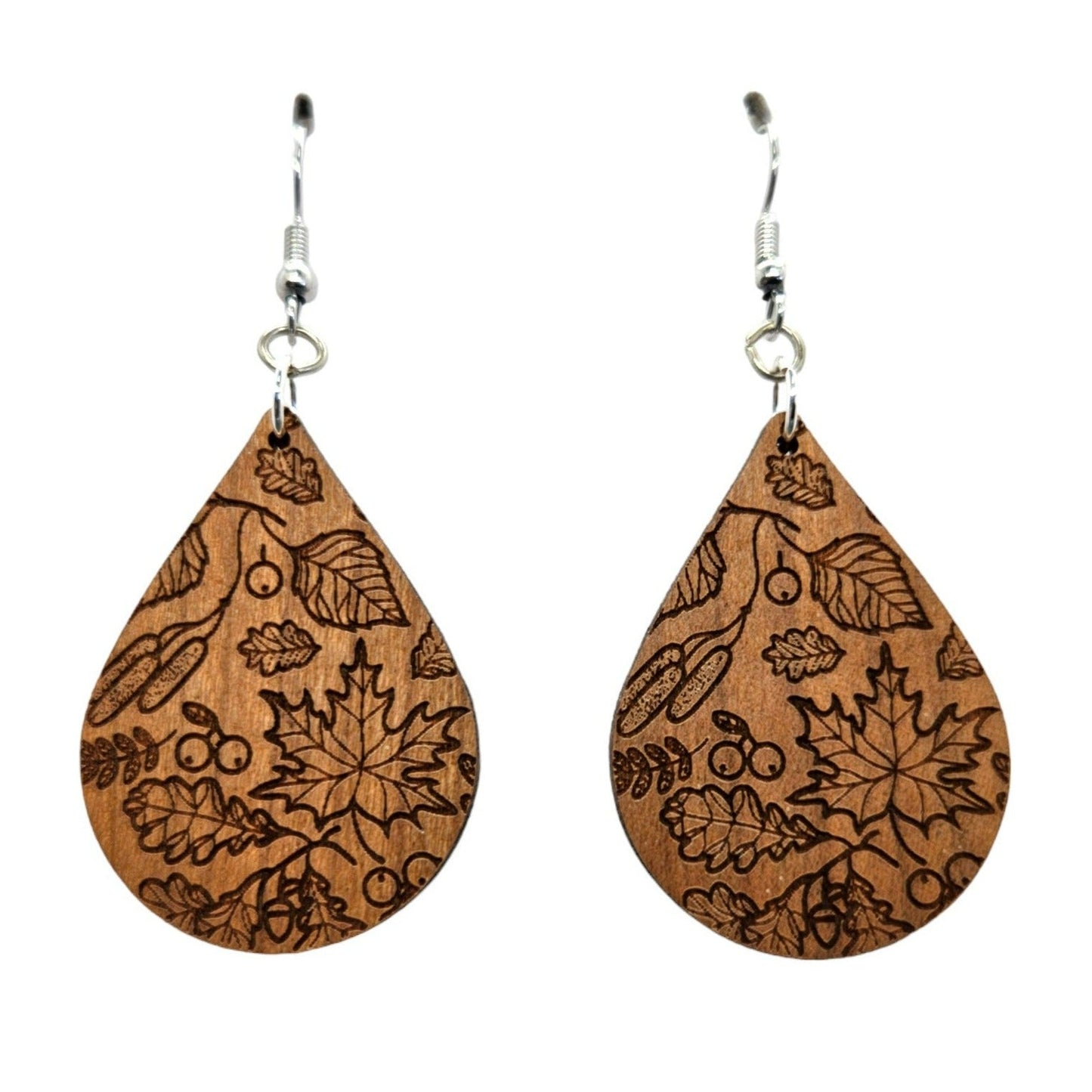 Wholesale Wood Earrings - Fall Leaves Engraved Teardrop Wood Earrings - Dangle Earrings