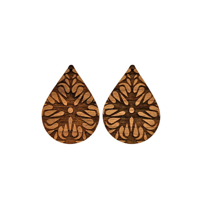 Wholesale Wood Earrings - Flower Floral Mandala Engraved Teardrop Wood Earrings - Dangle Earrings