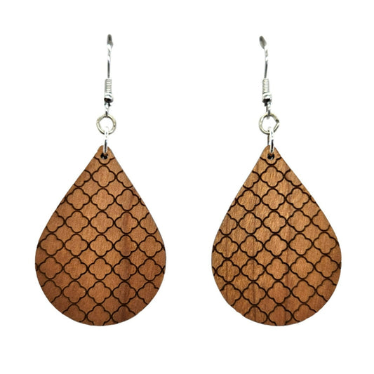 Wood Earrings - Fishnet Mermaid Scales Pattern Engraved Teardrop Wood Earrings - Dangle Earrings - Gift