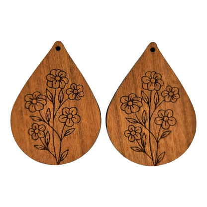 Wholesale Wood Earrings - Floral 5 Flowers Engraved Teardrop Wood Earrings - Dangle Earrings